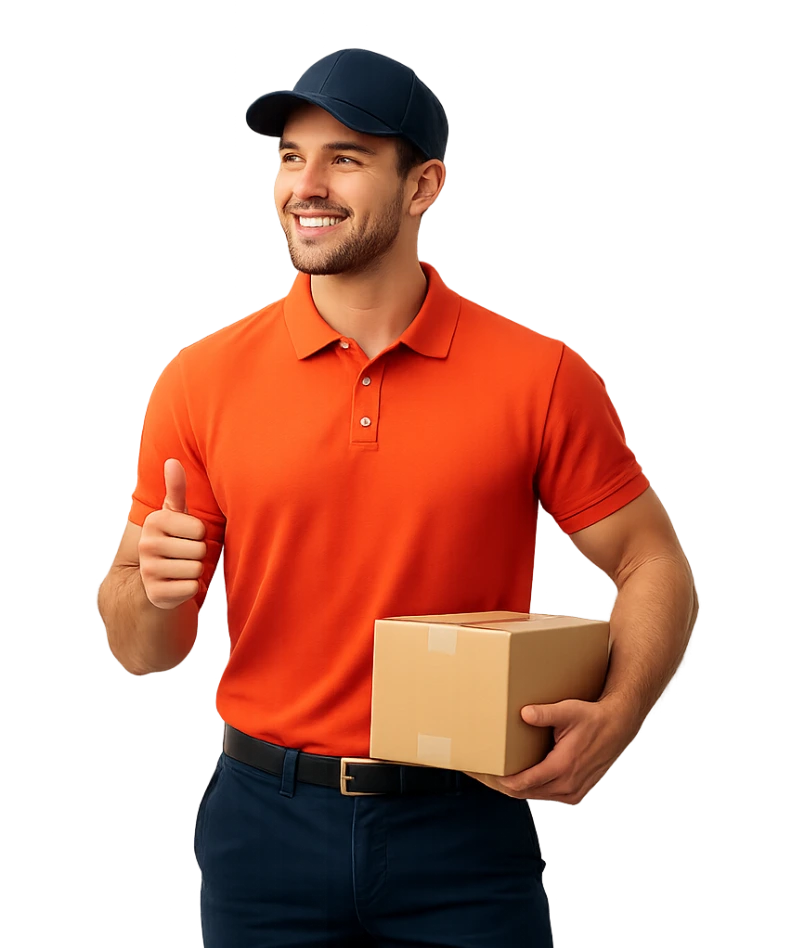 Smiling US delivery driver in WNY Trucking orange polo giving thumbs up and holding package for professional truck services CTA