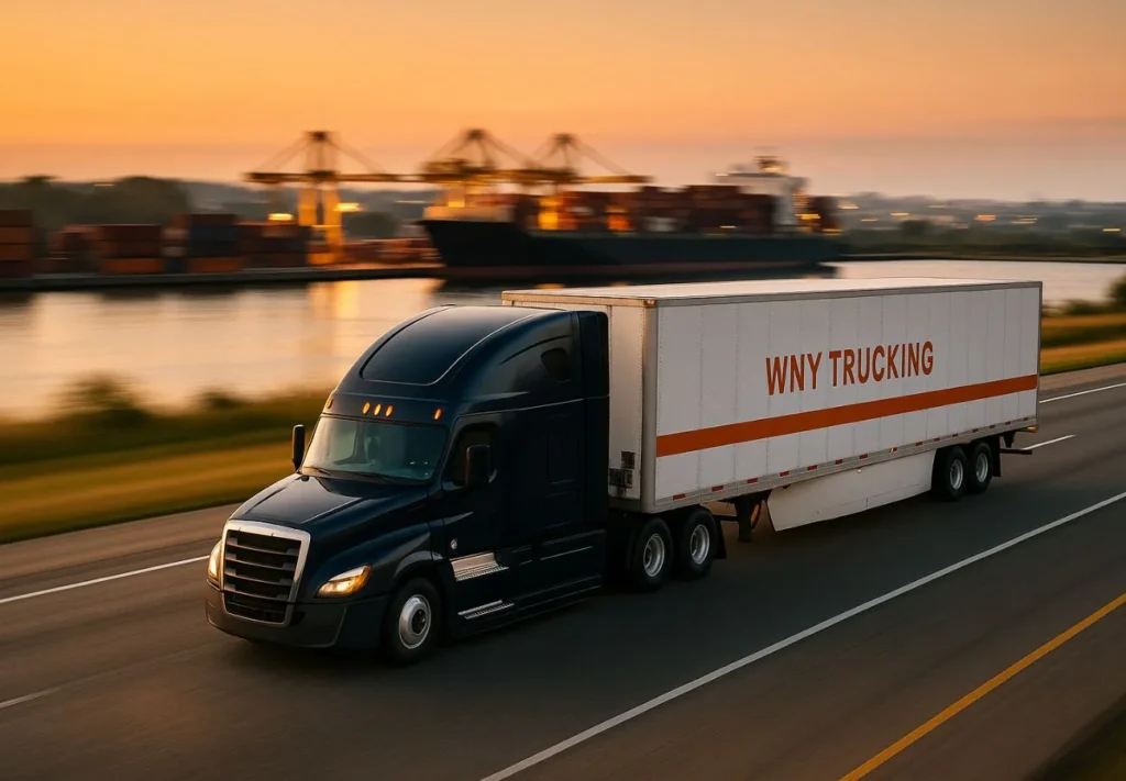 Aerial view of full truckload shipping semi-truck showing reliable FTL trucking services and on-time delivery near Buffalo NY