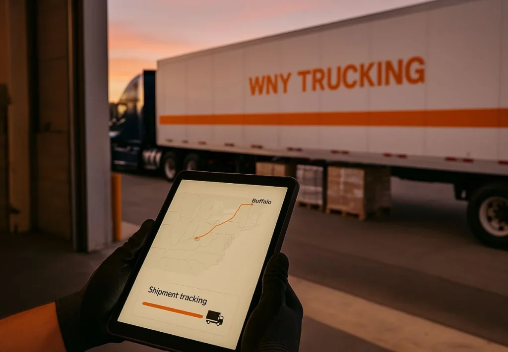 Less than truckload shipping trailer in Buffalo NY with partial pallets and handheld device showing real time less than truckload shipping tracking.