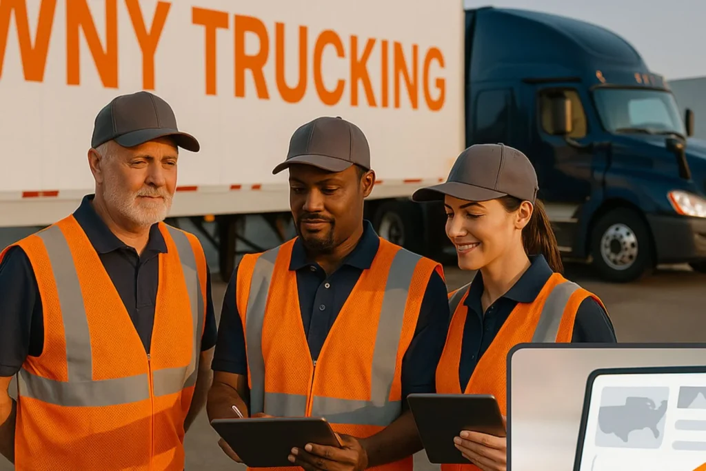 Dedicated fleet services in Buffalo NY with professionally trained WNY TRUCKING drivers standing by a branded box truck, highlighting exclusive fleet management and scalable transportation solutions.