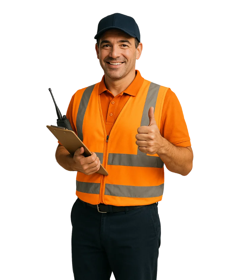 friendly drayage logistics specialist in orange polo safety vest and navy trousers giving thumbs up for wny trucking port transfer services