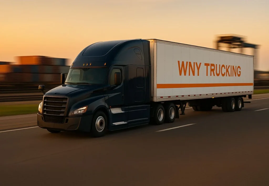 wny trucking navy semi with white dry van trailer and orange stripe on highway near intermodal yard showing fast reliable drayage service highlights in buffalo ny