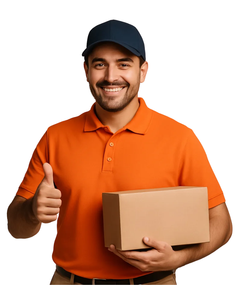 Smiling delivery driver in orange polo holding a parcel and giving thumbs up for expedited same-day trucking service.