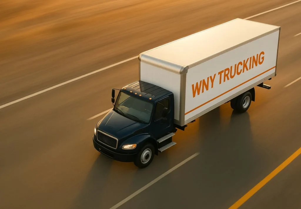 WNY Trucking expedited straight truck speeding along highway symbolizing fast same-day delivery service highlights.