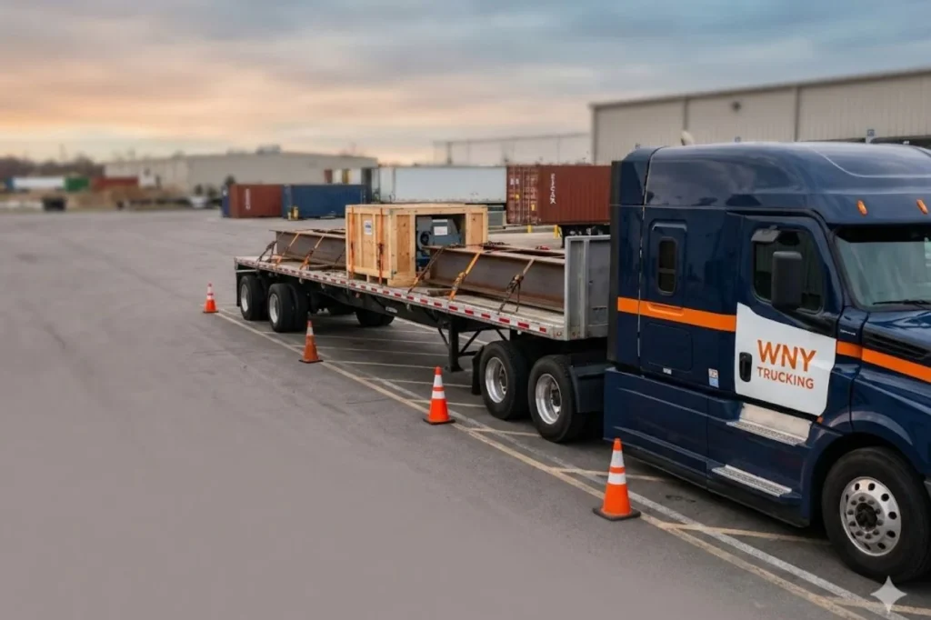 WNY Trucking open-deck flatbed trailer with oversized steel beams strapped down for safe heavy-duty transport.