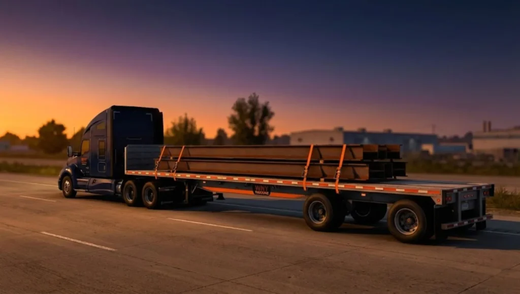 WNY Trucking dark navy semi pulling an open flatbed trailer loaded with steel beams near Buffalo NY, clearly showing what a flatbed truck looks like for flatbed trucking services