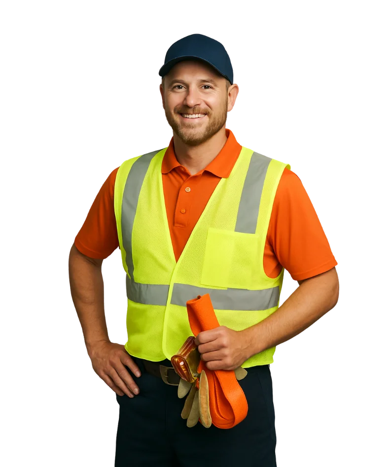 Flatbed trucking specialist wearing orange polo hi vis vest and navy cap holding a ratchet strap, representing WNY Trucking heavy freight expertise for the CTA section