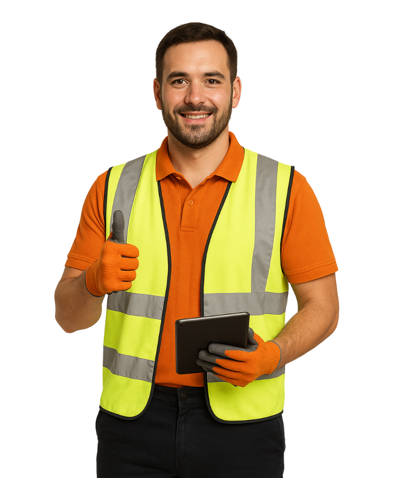 Male food and beverage logistics coordinator in orange polo and safety vest holding a tablet, representing expert logistic solutions for food and beverage industry at WNY TRUCKING.