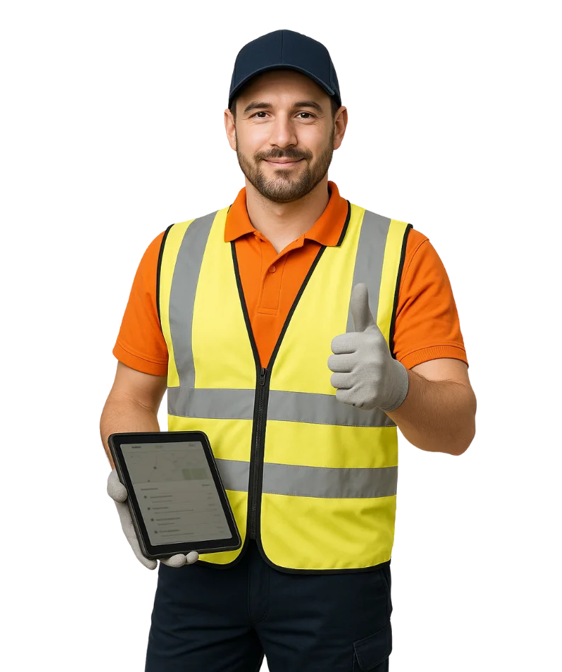 Male logistics coordinator in orange polo and safety vest holding tablet, representing reliable food and beverage industry logistics services