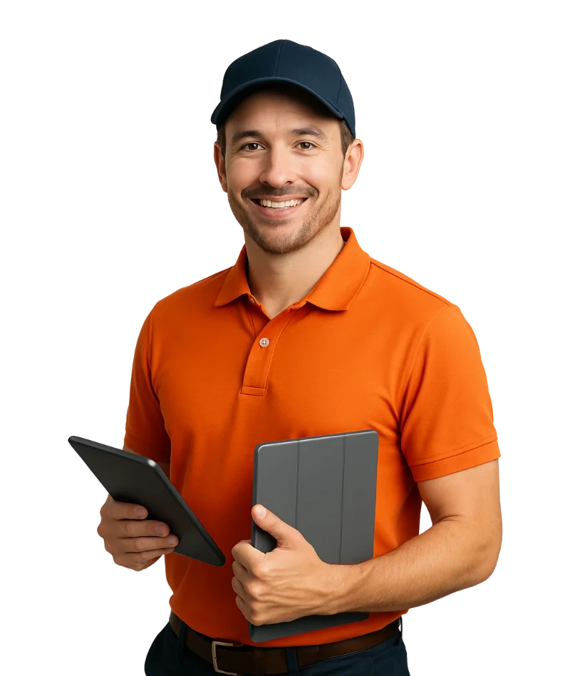 Professional freight broker holding tablet and folder representing WNY TRUCKING logistics management