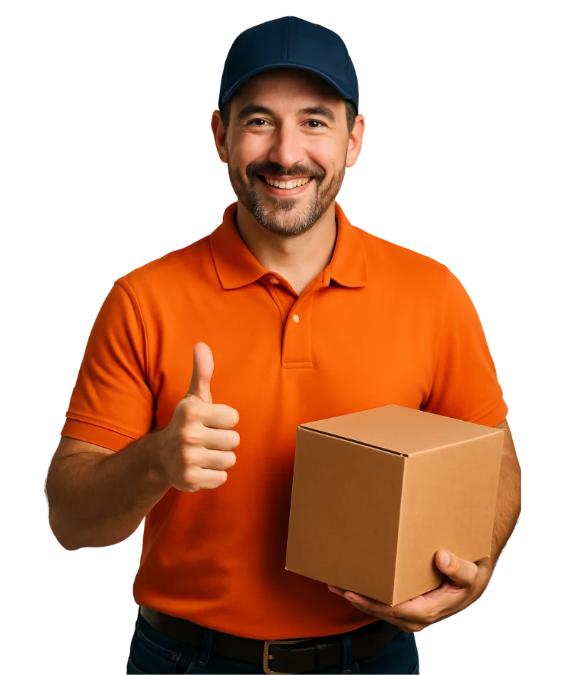 Smiling last mile delivery courier in orange polo and navy cap holding a parcel and giving thumbs up for WNY Trucking CTA section