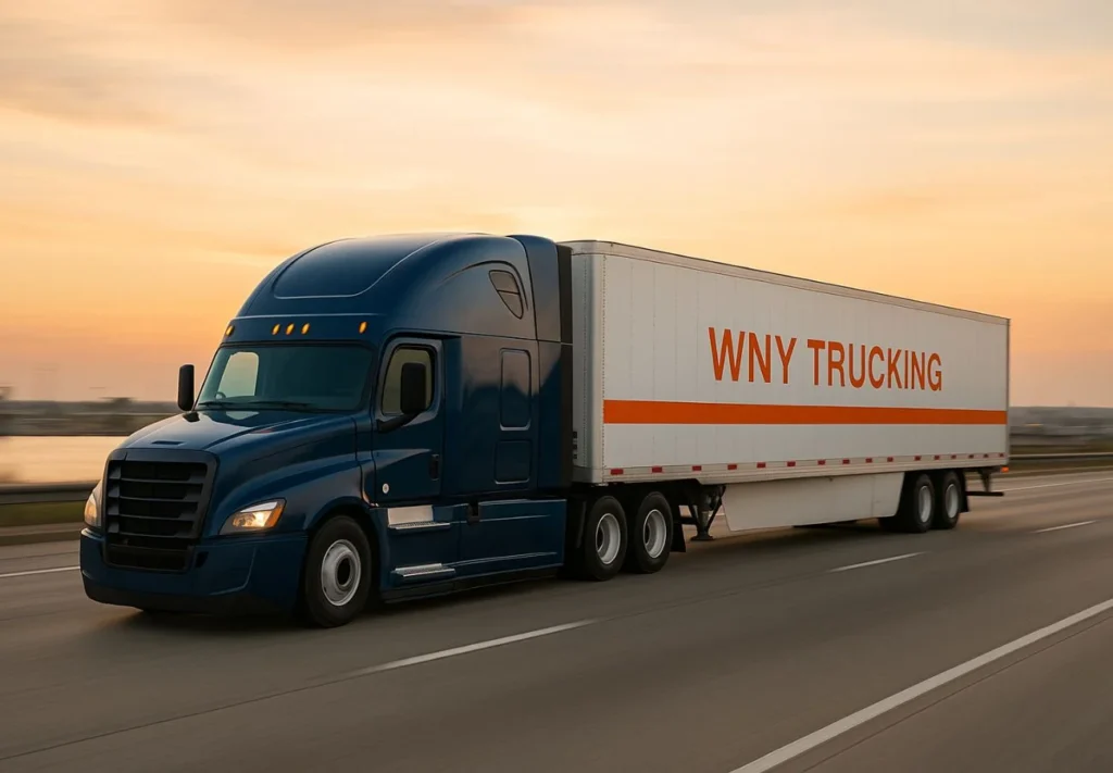 WNY Trucking dark navy semi truck with white trailer and orange stripe driving near Buffalo NY, highlighting fast reliable last mile delivery service with real-time tracking