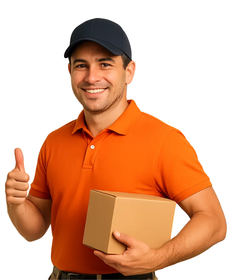 Smiling American LTL delivery driver holding a package and giving a thumbs up