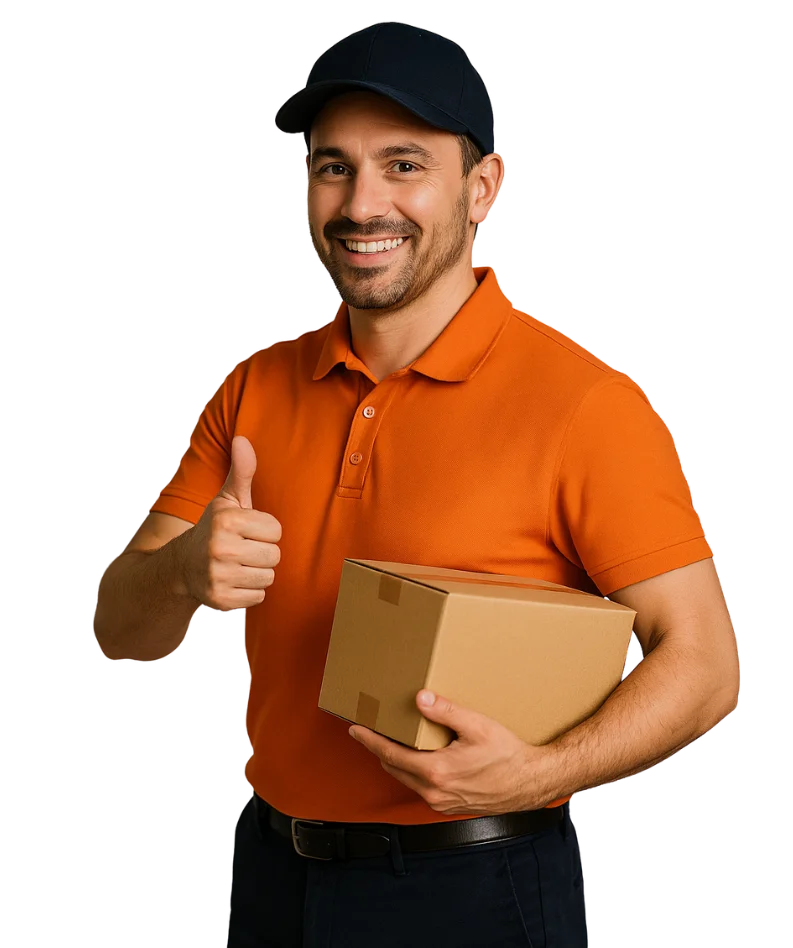 Smiling WNY TRUCKING driver holding a box and giving thumbs up for refrigerated transport call to action