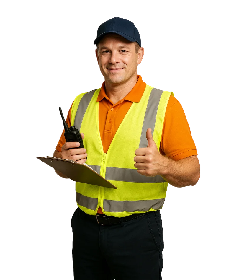 Smiling hazmat-certified WNY Trucking tanker specialist giving thumbs up and holding inspection clipboard for reliable tanker trucking Buffalo NY services.