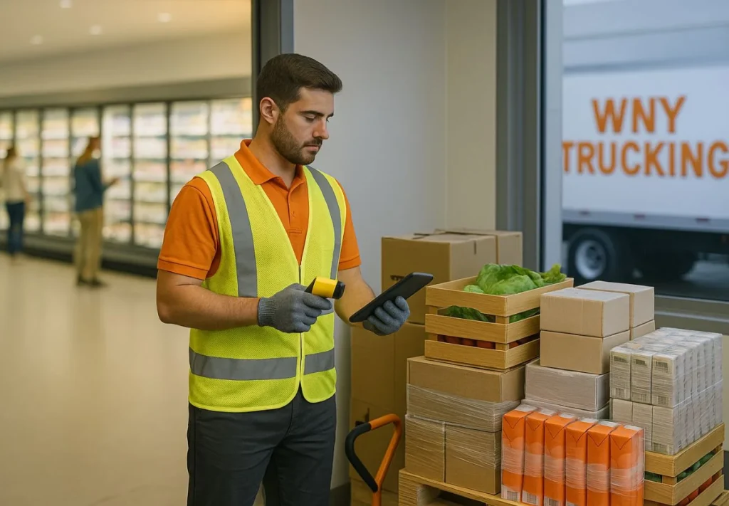 Worker in orange polo checking food shipment temperatures in a grocery receiving area with a WNY TRUCKING refrigerated truck outside, showing why food and beverage industry logistics keep products fresh.