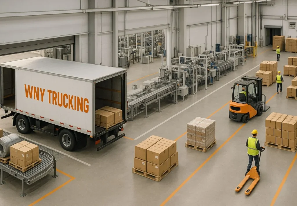 Inbound raw materials, production line, and outbound finished goods with WNY TRUCKING trailers at a modern factory, showing how efficient manufacturing logistics keeps operations fully supplied and reduces disruptions