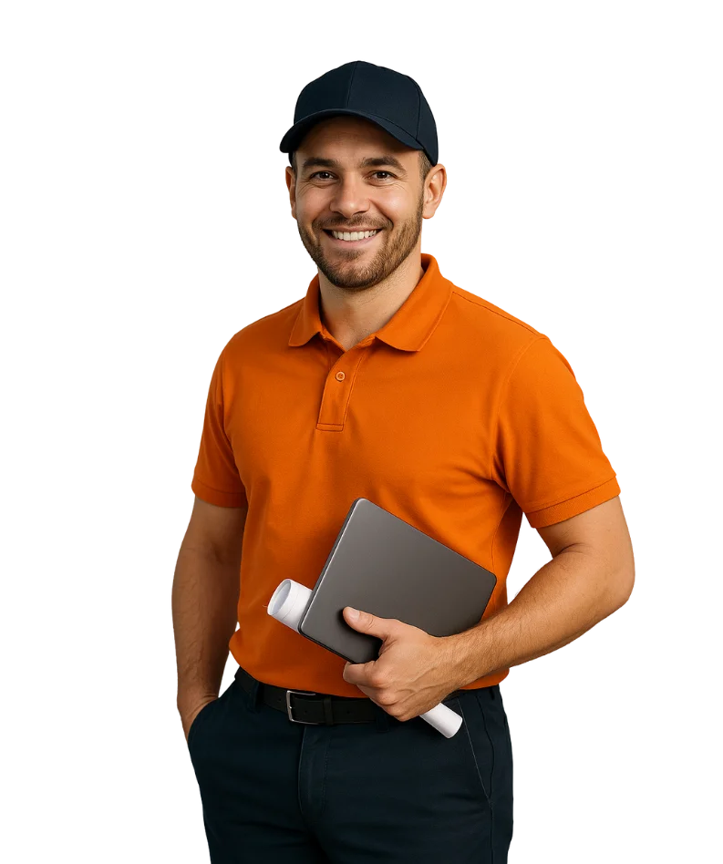 Portrait of a smiling industrial logistics specialist in an orange polo and navy cap holding a tablet, representing WNY Trucking’s industry-focused expertise.