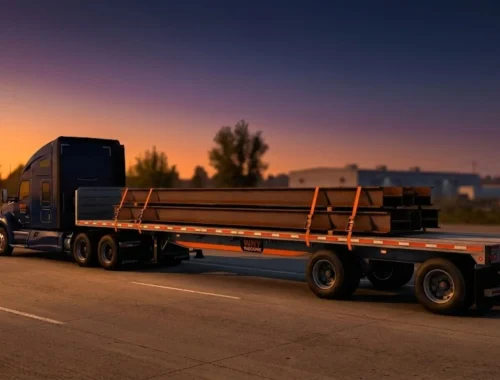 WNY Trucking dark navy semi pulling an open flatbed trailer loaded with steel beams near Buffalo NY, clearly showing what a flatbed truck looks like for flatbed trucking services