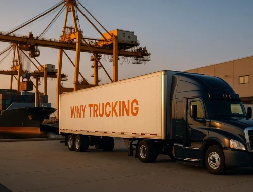 Intermodal freight terminal with WNY TRUCKING trailer near container ship showing streamlined freight management
