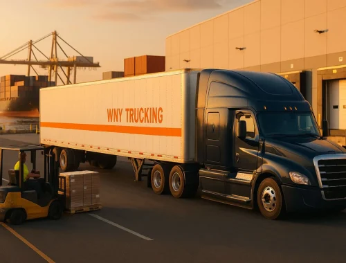 Full truckload shipping truck at Buffalo freight terminal for FTL trucking services Buffalo NY