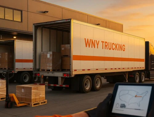 Less than truckload shipping dock in Buffalo NY with WNY Trucking trailers being loaded with mixed pallets.