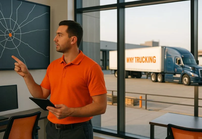Local freight expert in orange polo inside control room planning Buffalo NY routes with WNY TRUCKING navy and white truck visible outside in yard