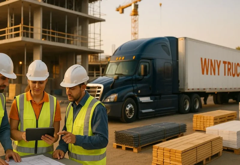 WNY Trucking coordinating logistics services for builders and contractors with a semi truck delivering materials to a construction job site