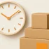 Clock and stacked delivery boxes on a soft orange background representing proven on-time last mile delivery success