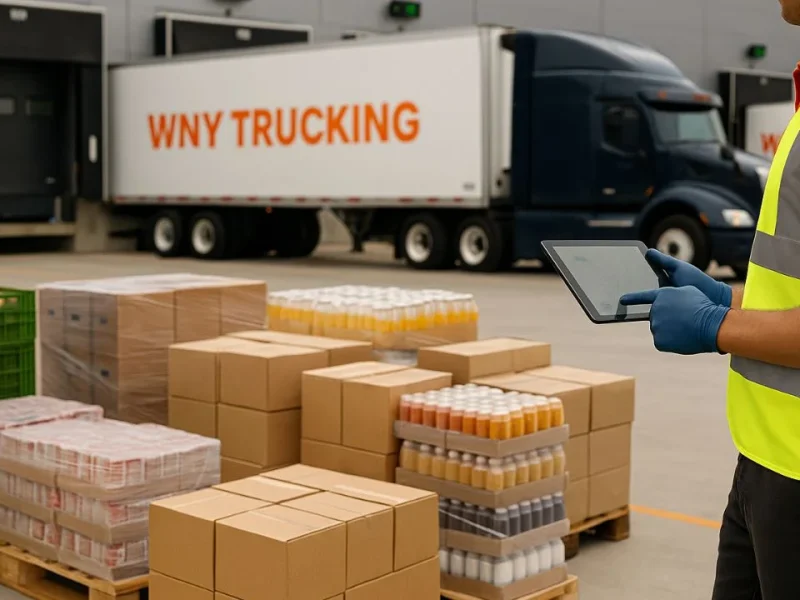 WNY TRUCKING navy blue refrigerated truck at a food and beverage distribution center while a worker in an orange polo checks a digital route plan, showing logistic solutions for food and beverage industry and quality-focused supply chain movement.