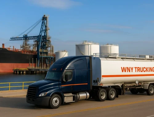 Trusted liquid freight experts at WNY Trucking providing tanker trucking in Buffalo NY with a branded box-style tank trailer at a riverside fuel terminal meeting national tank truck carriers standards.