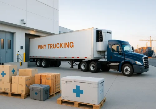 WNY Trucking temperature-controlled trailer at a secure medical distribution center loading dock, transporting pharmaceuticals and healthcare supplies with compliance-focused logistics.