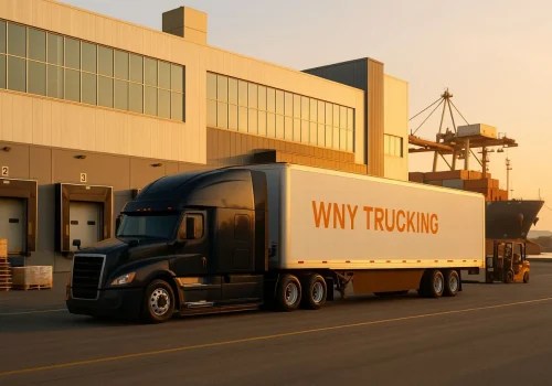 WNY Trucking semi truck leaving a manufacturing plant loading dock, transporting raw materials and finished products to warehouses and distribution centers.